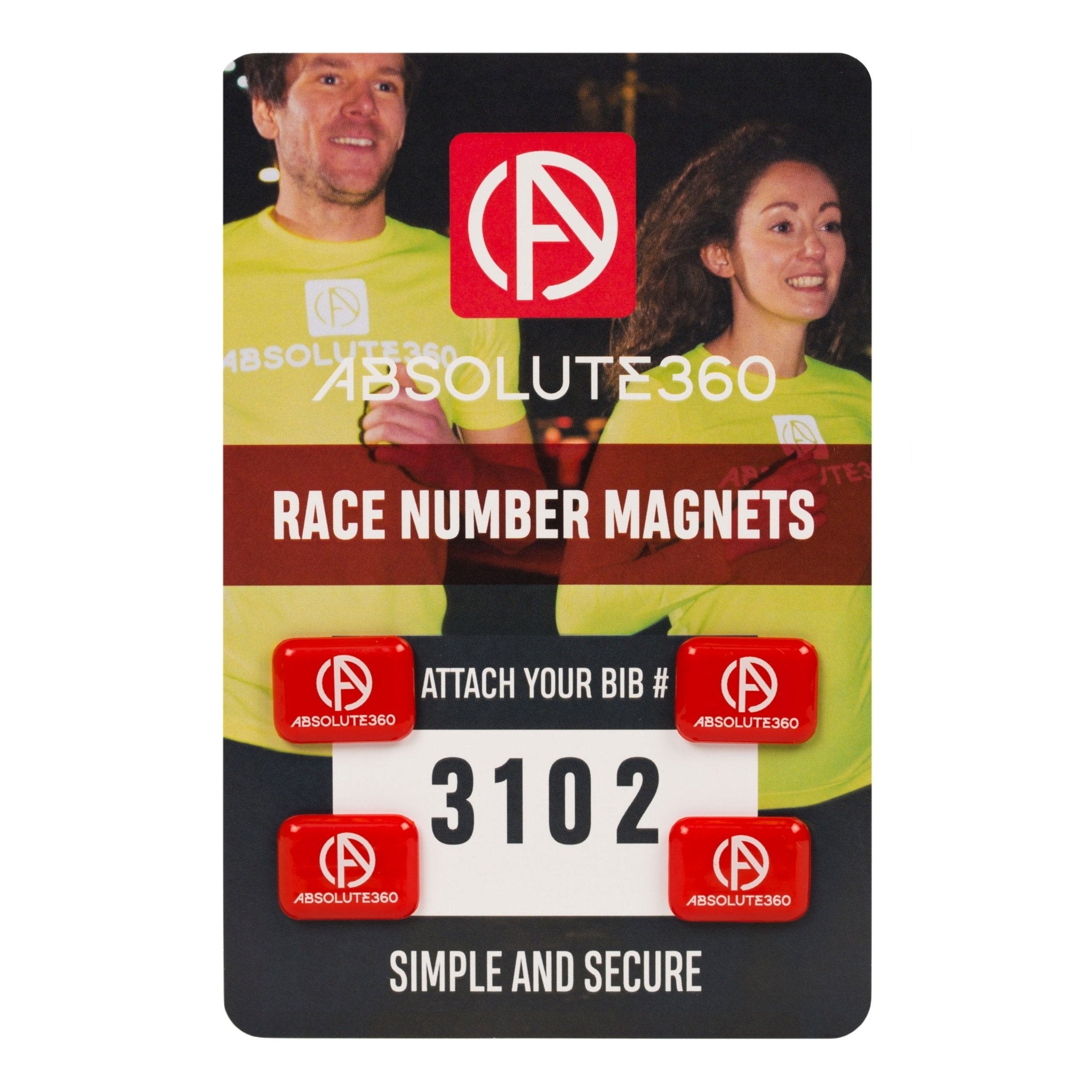 ABSOLUTE360 red race number magnets, front view on white background