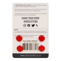 ABSOLUTE360 red race number magnets, back view on white background