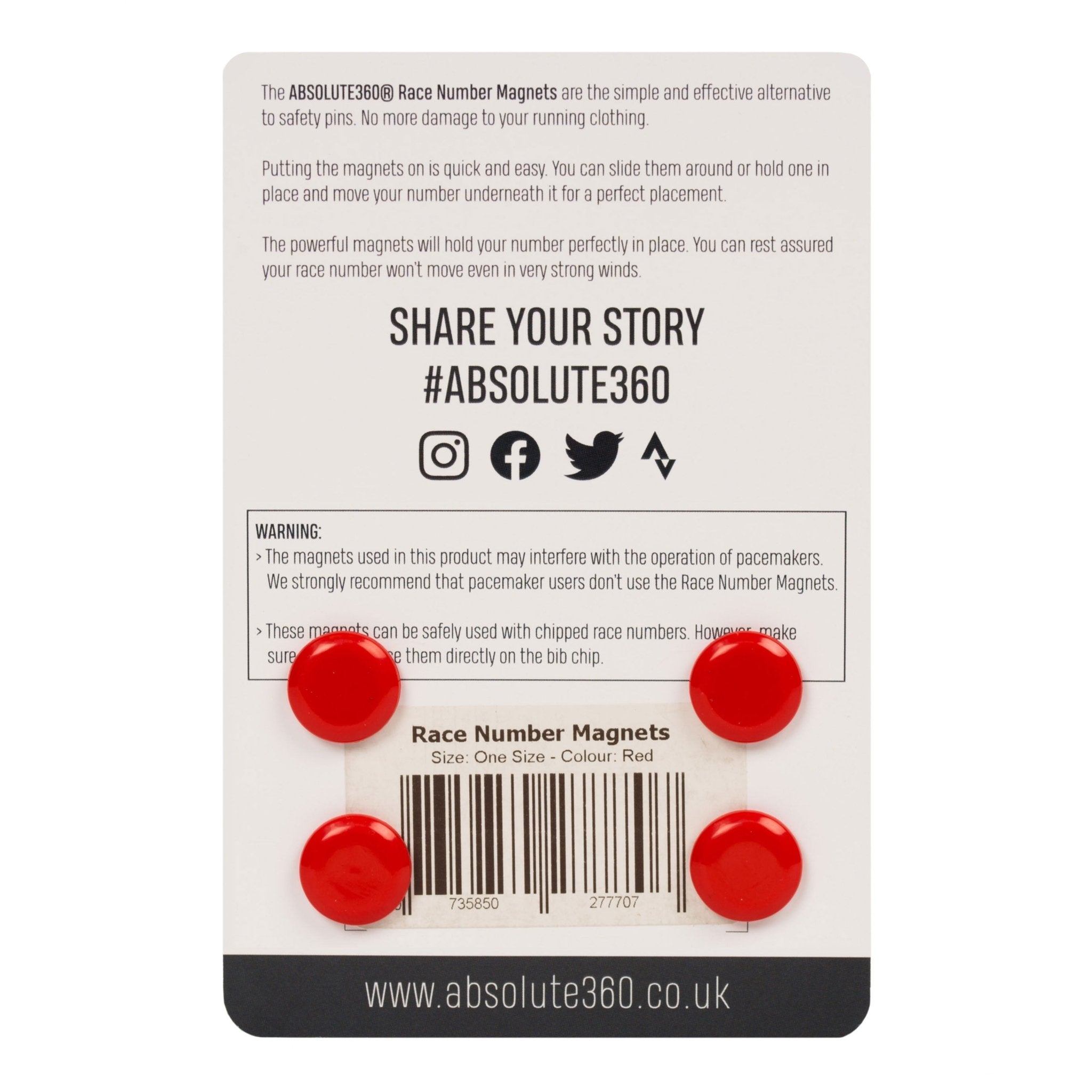 ABSOLUTE360 red race number magnets, back view on white background