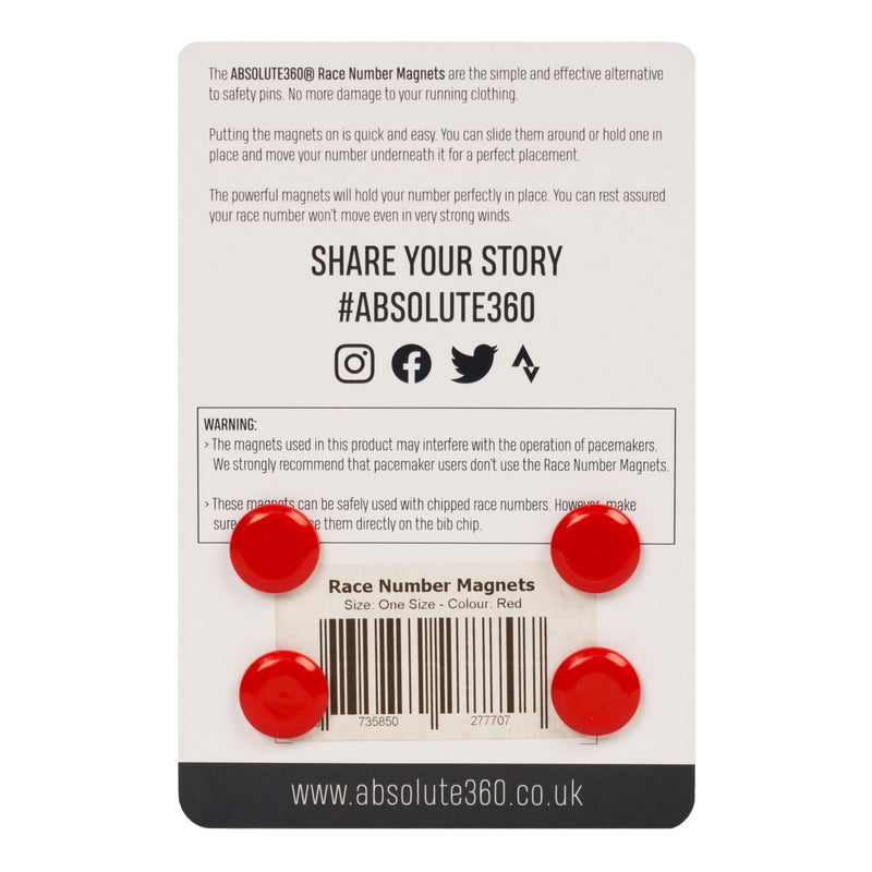 ABSOLUTE360 red race number magnets, back view on white background