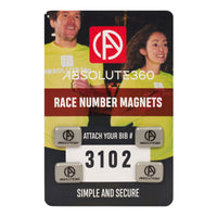 ABSOLUTE360 silver race number magnets, front view on white background