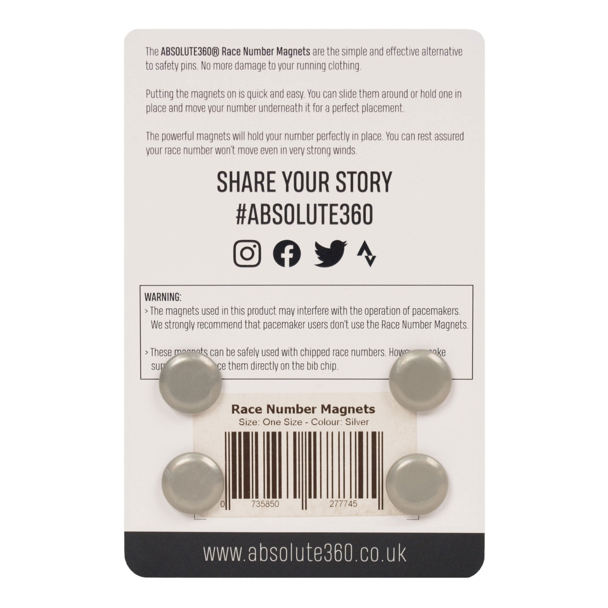 ABSOLUTE360 silver race number magnets, back view on white background