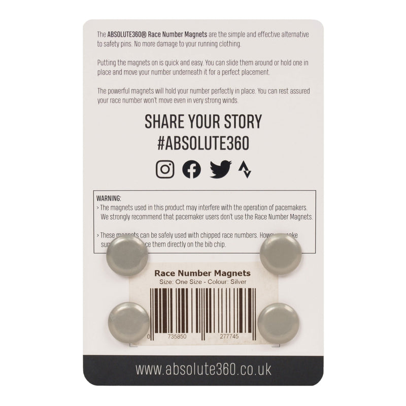 ABSOLUTE360 silver race number magnets, back view on white background
