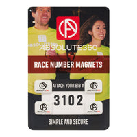 ABSOLUTE360 white race number magnets, front view on white background