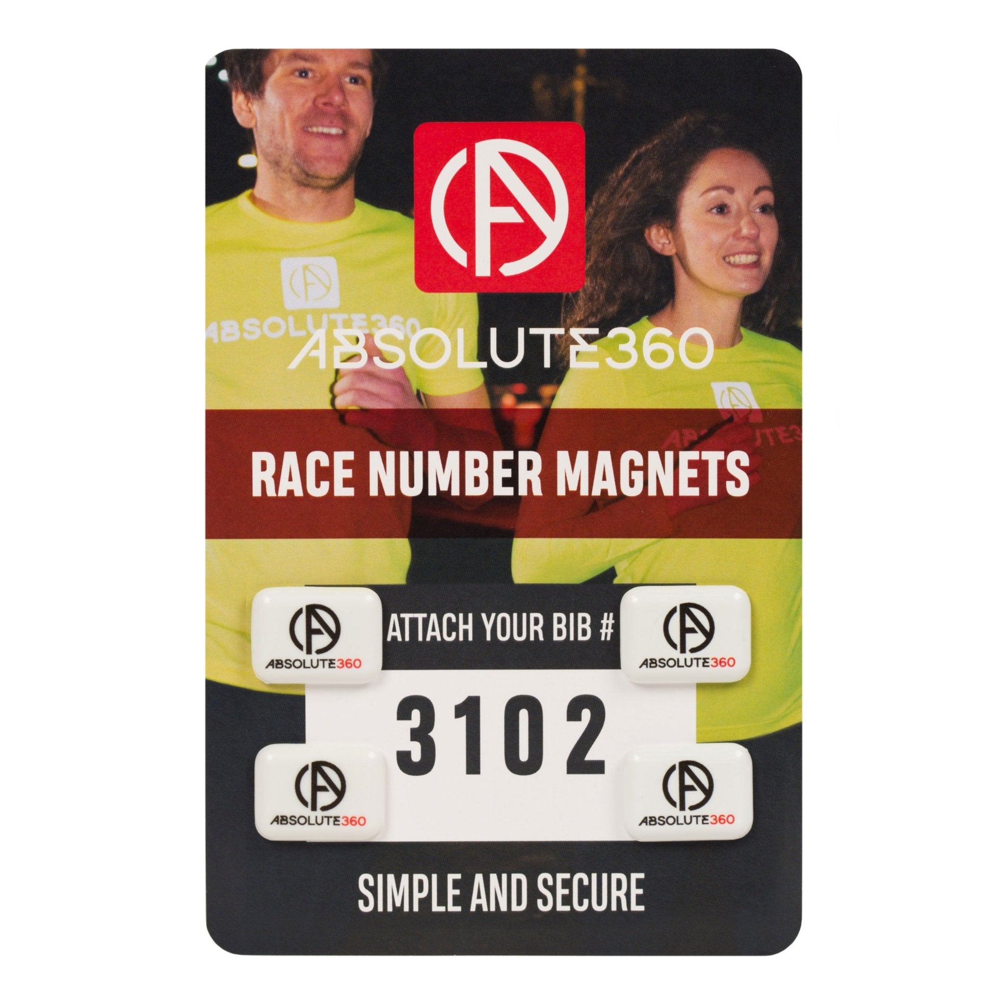 ABSOLUTE360 white race number magnets, front view on white background