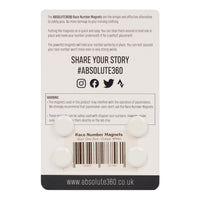 ABSOLUTE360 white race number magnets, back view on white background