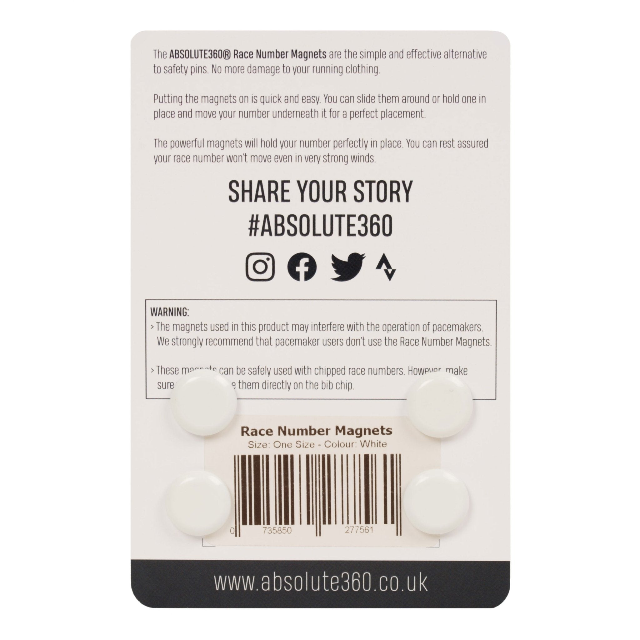 ABSOLUTE360 white race number magnets, back view on white background