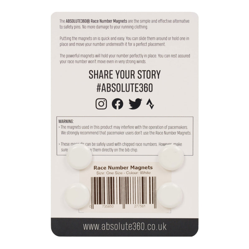 ABSOLUTE360 white race number magnets, back view on white background