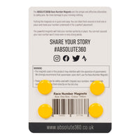 ABSOLUTE360 yellow race number magnets, back view on white background