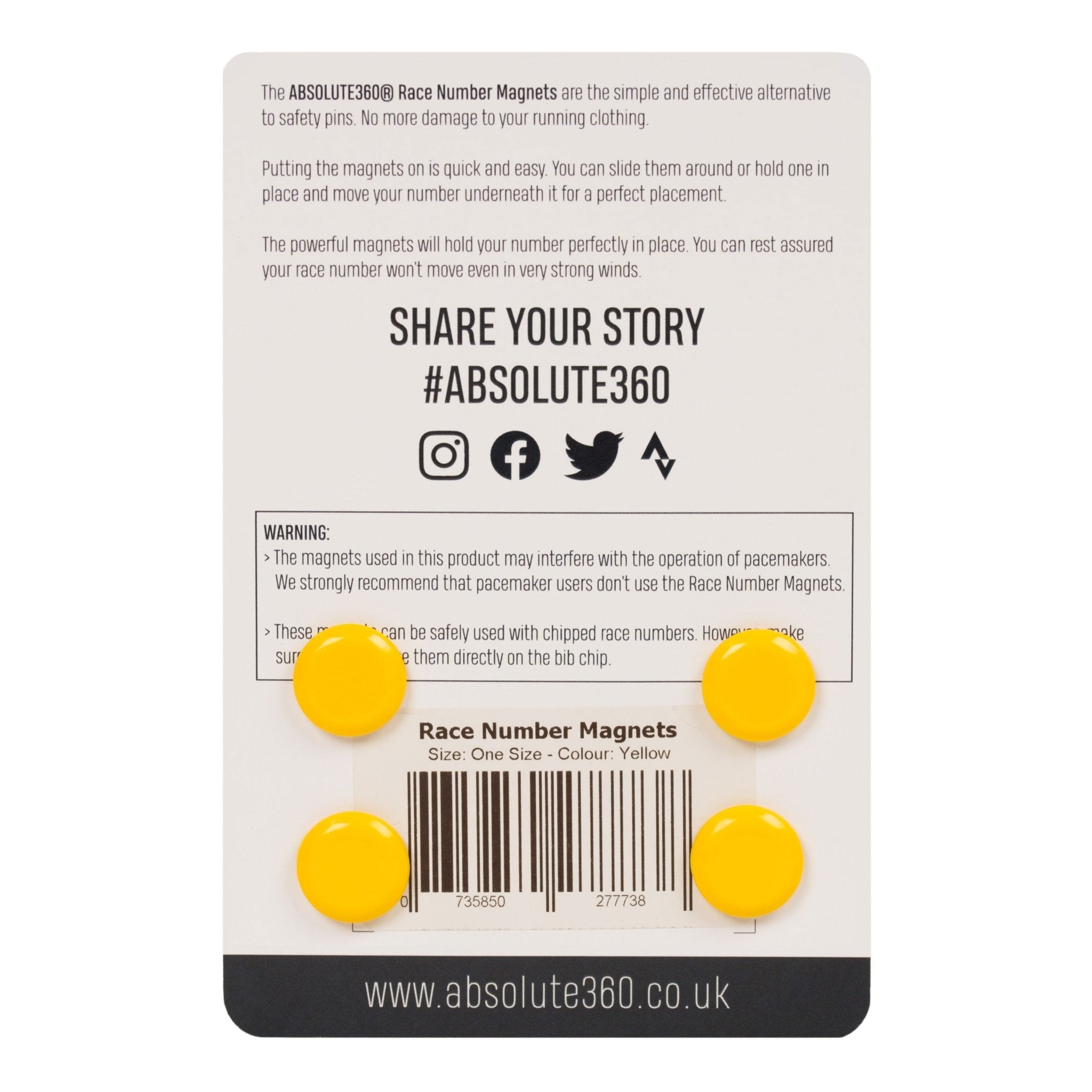ABSOLUTE360 yellow race number magnets, back view on white background