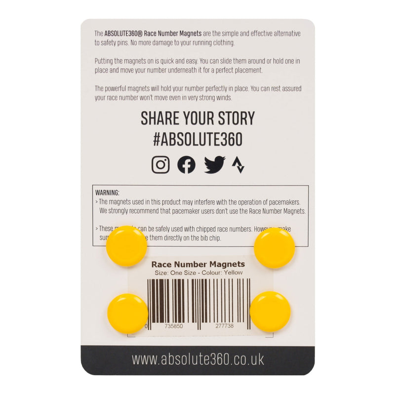 ABSOLUTE360 yellow race number magnets, back view on white background