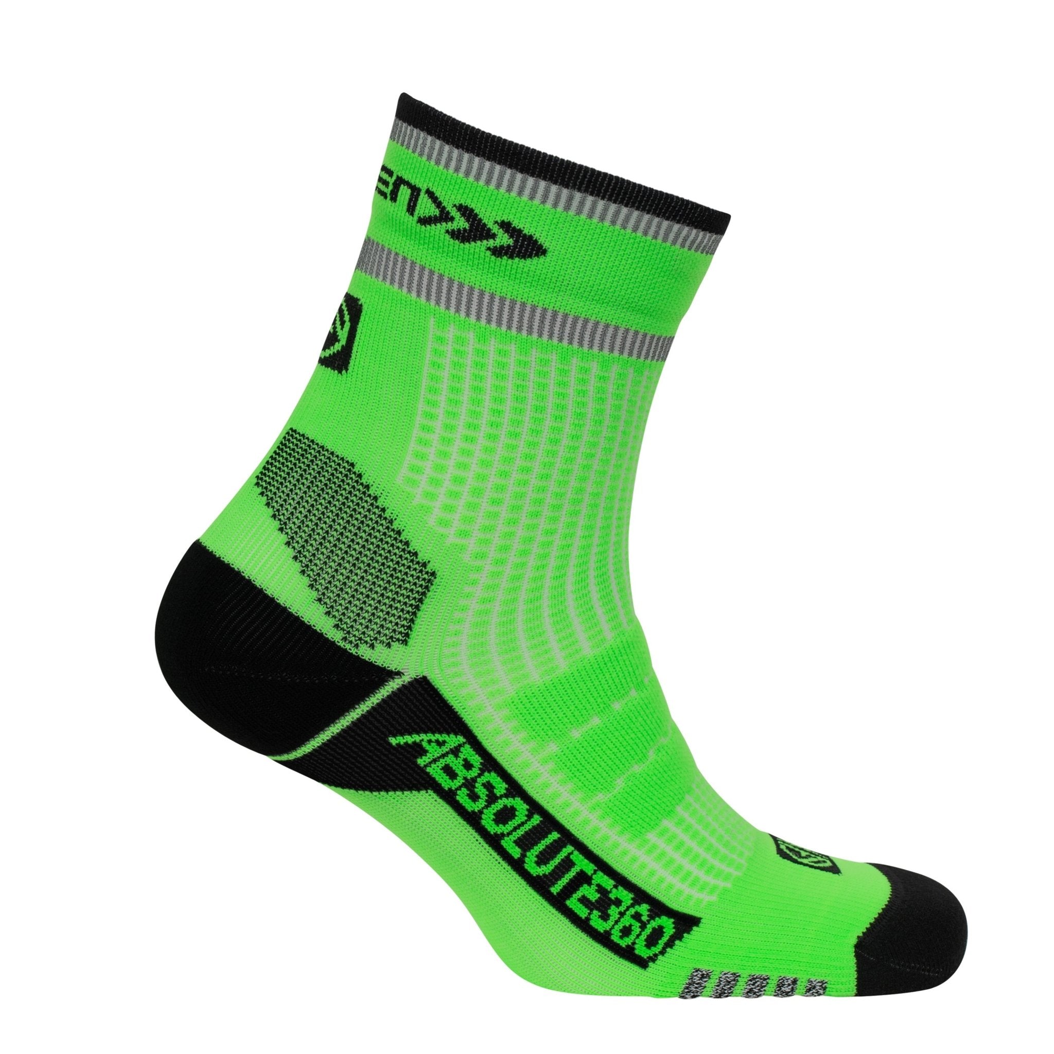 ABSOLUTE360 neon green high-vis quarter running sock, side view, product image on white background