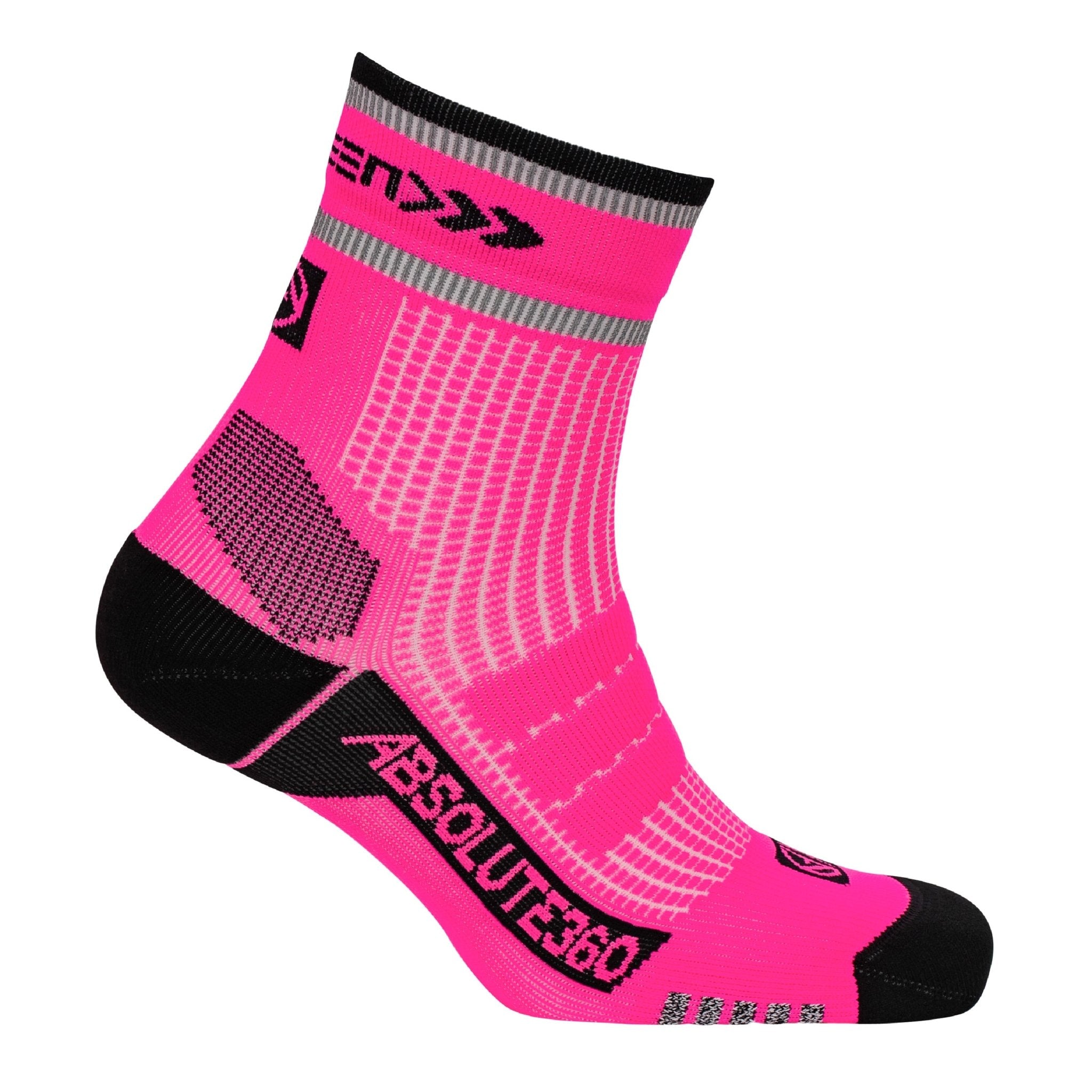 ABSOLUTE360 neon pink high-vis quarter running sock, side view, product image on white background