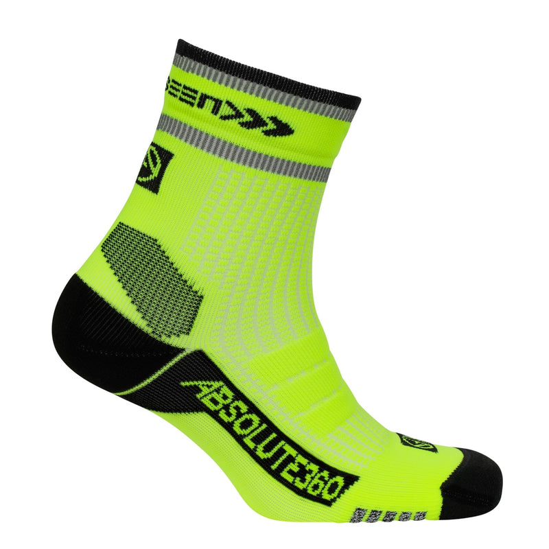 ABSOLUTE360 neon yellow high-vis quarter running sock, side view, product image on white background