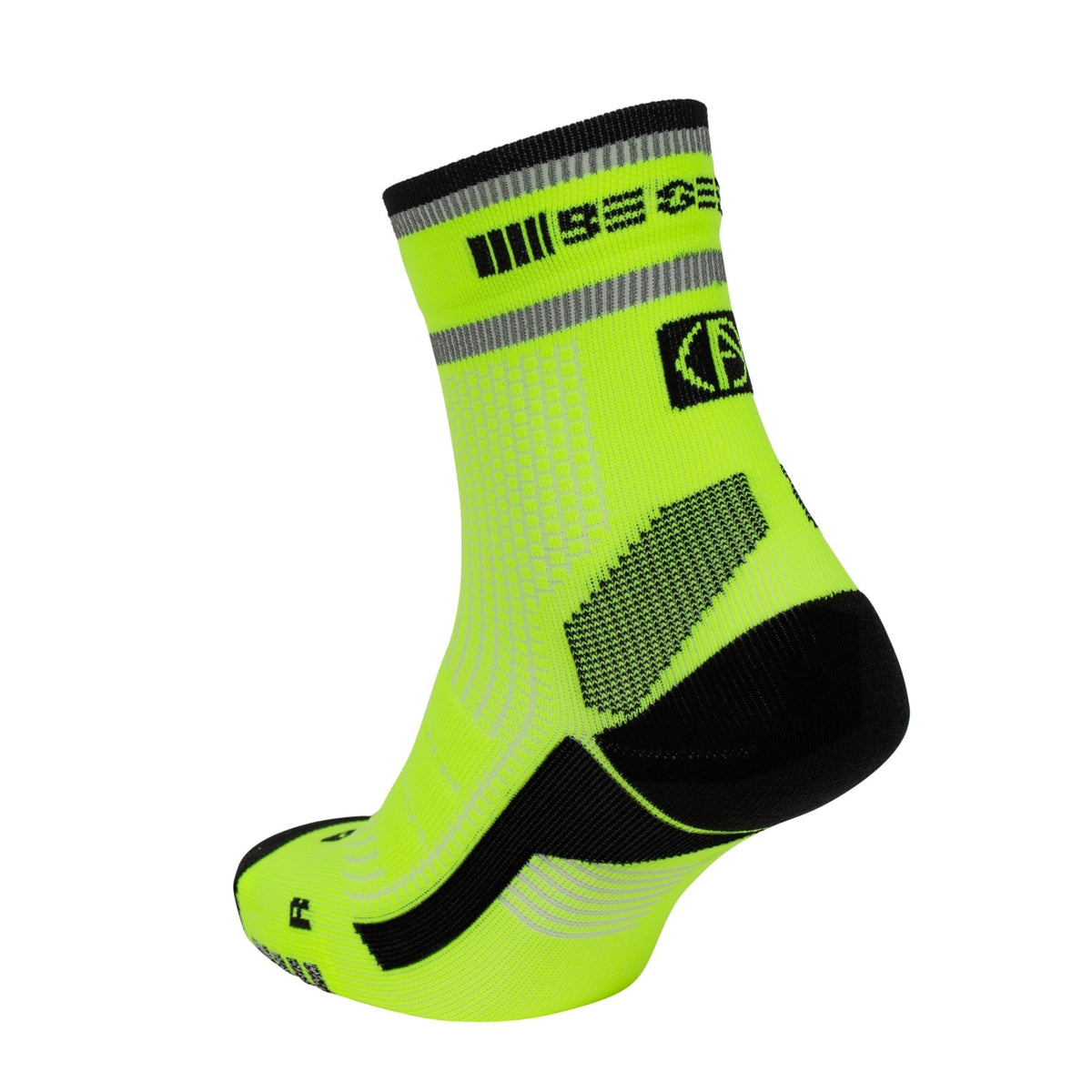 ABSOLUTE360 neon yellow high-vis quarter running sock, featuring breathable mesh panels, product image on white background