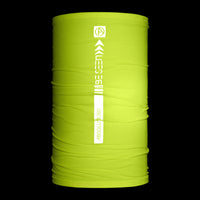 ABSOLUTE360 neon yellow neck warmer snood with reflective print for running and cycling, product image on black background