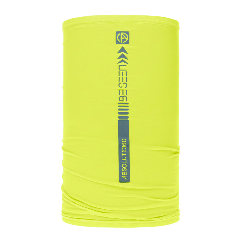 ABSOLUTE360 neon yellow neck warmer snood with reflective print for running and cycling, product image on white background
