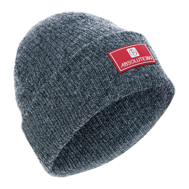 ABSOLUTE360 Rubber Patch Beanie in charcoal colour, front view on white background