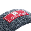 ABSOLUTE360 charcoal beanie with detailed rubber logo patch on a white background