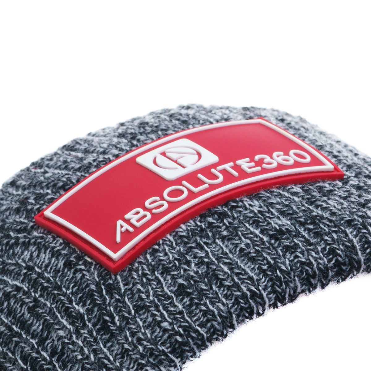 ABSOLUTE360 charcoal beanie with detailed rubber logo patch on a white background