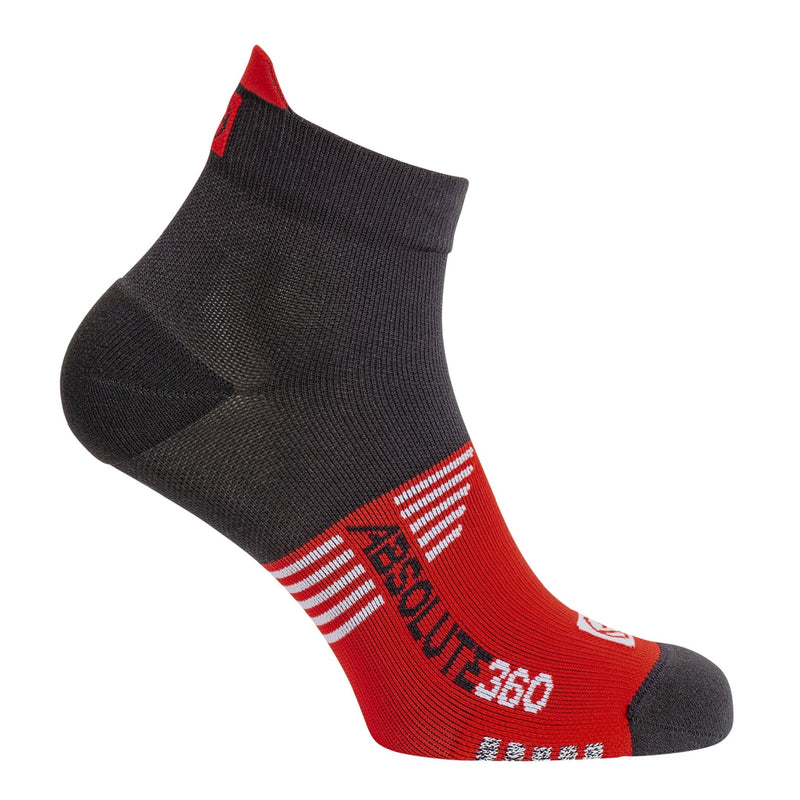 ABSOLUTE360 black and red ankle running sock, side view, product image on white background