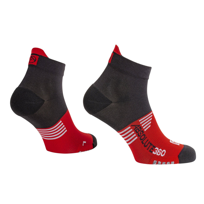 ABSOLUTE360 black and red ankle running socks, product image on white background