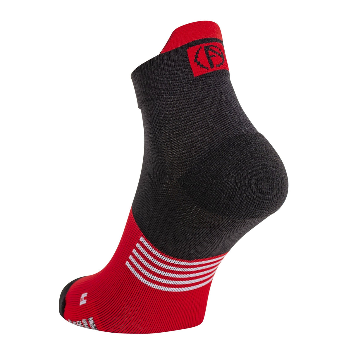ABSOLUTE360 black and red ankle running sock, featuring heel tab, product image on white background