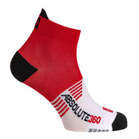 ABSOLUTE360 red and white ankle running sock, side view, product image on white background