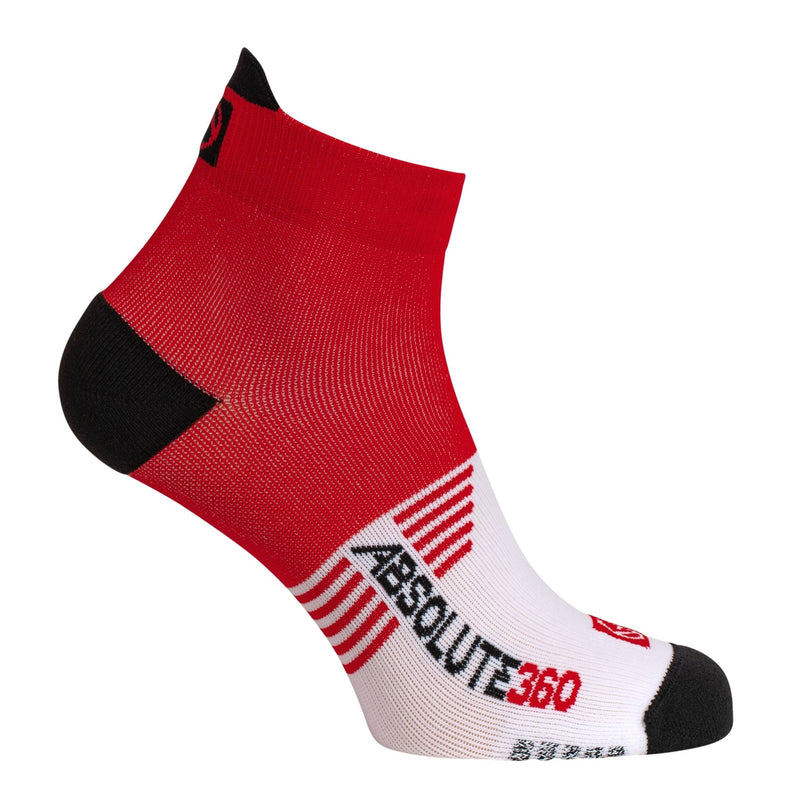 ABSOLUTE360 red and white ankle running sock, side view, product image on white background