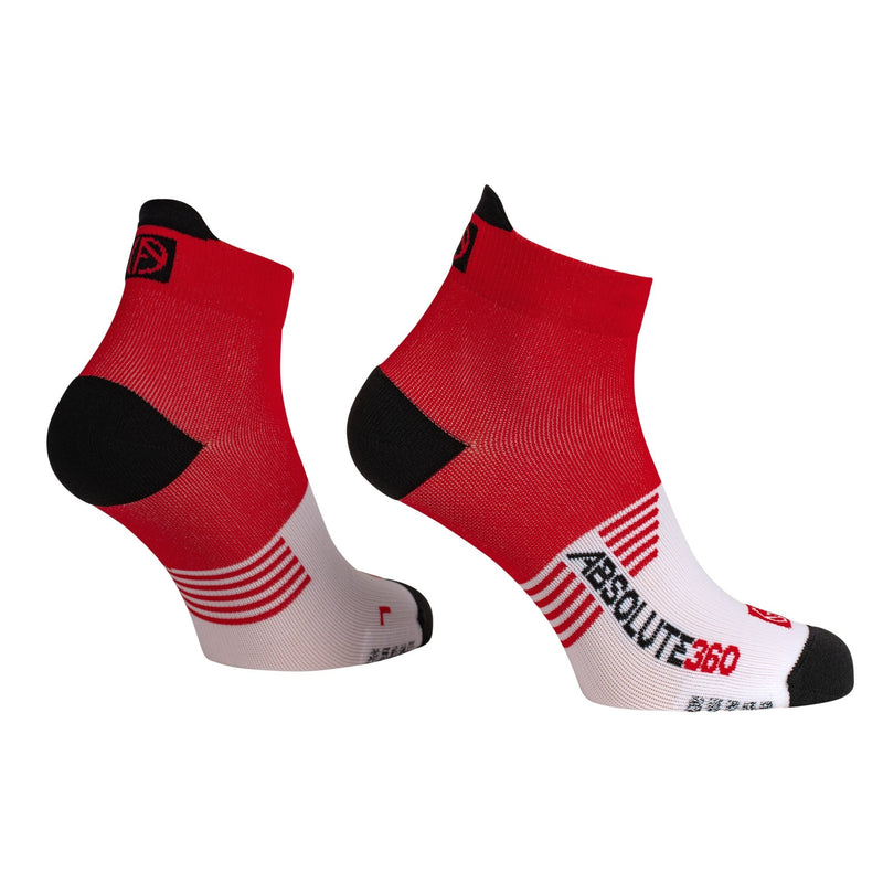 ABSOLUTE360 red and white ankle running socks, product image on white background