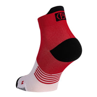 ABSOLUTE360 red and white ankle running sock, featuring heel tab, product image on white background