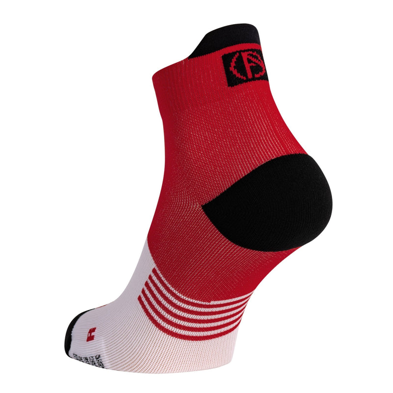 ABSOLUTE360 red and white ankle running sock, featuring heel tab, product image on white background