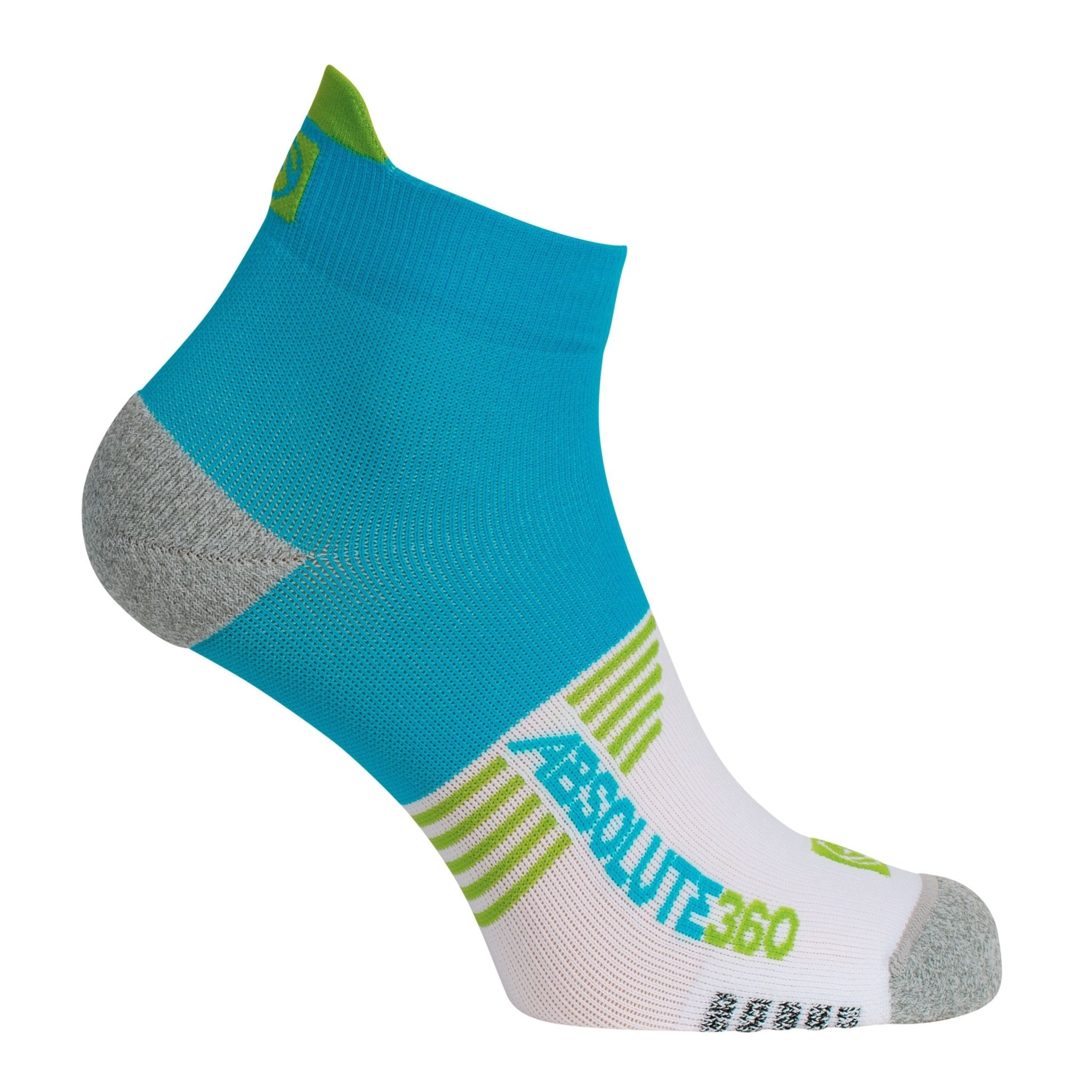 ABSOLUTE360 turquoise and white ankle running sock, side view, product image on white background