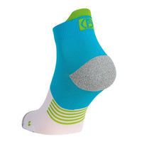 ABSOLUTE360 turquoise and white ankle running sock, featuring heel tab, product image on white background