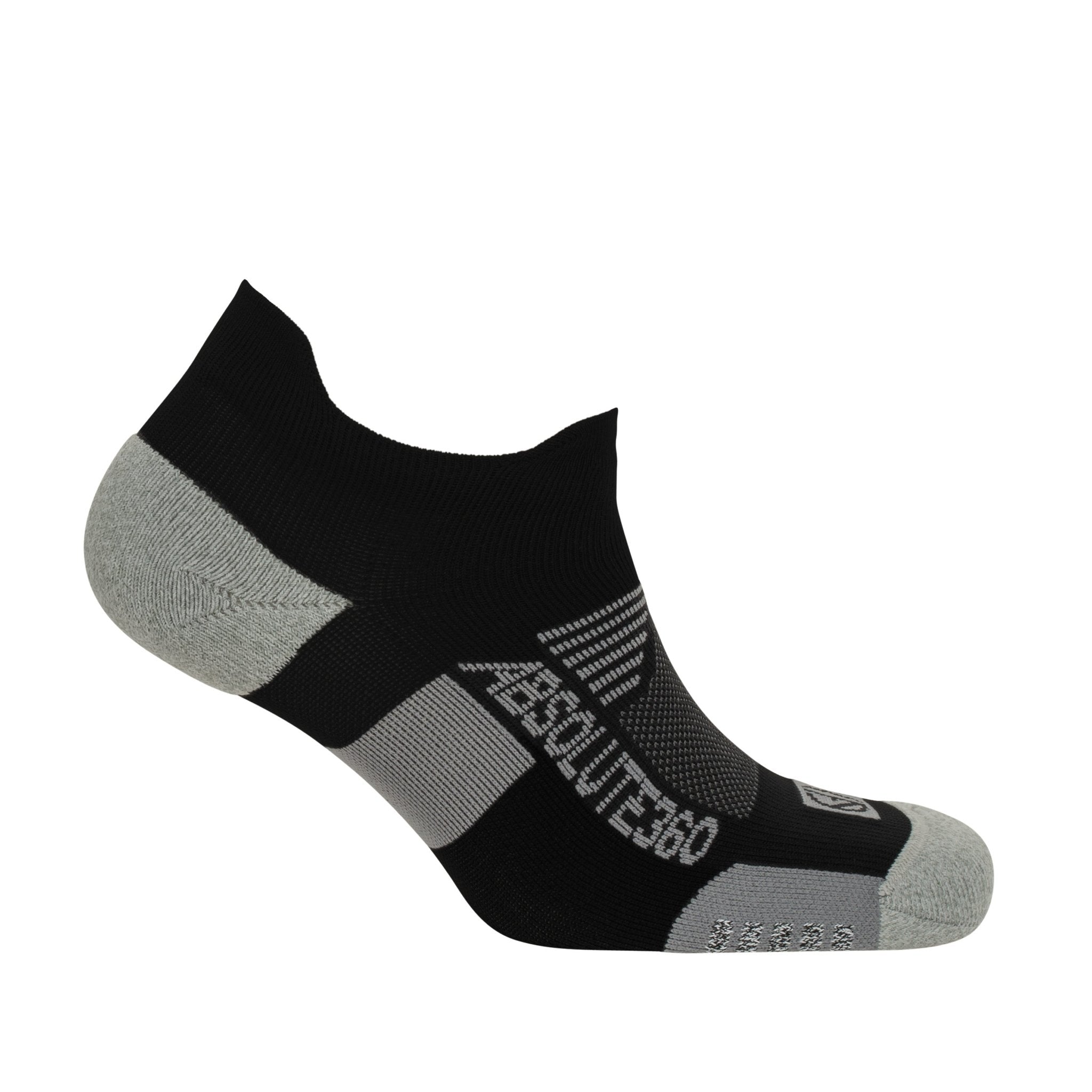 ABSOLUTE360 black low-cut running sock, side view, product image on white background