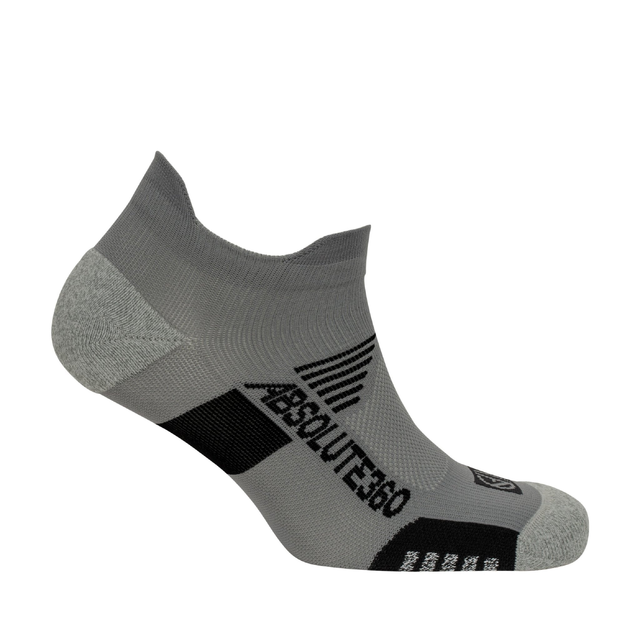 ABSOLUTE360 grey low-cut running sock, side view, product image on white background
