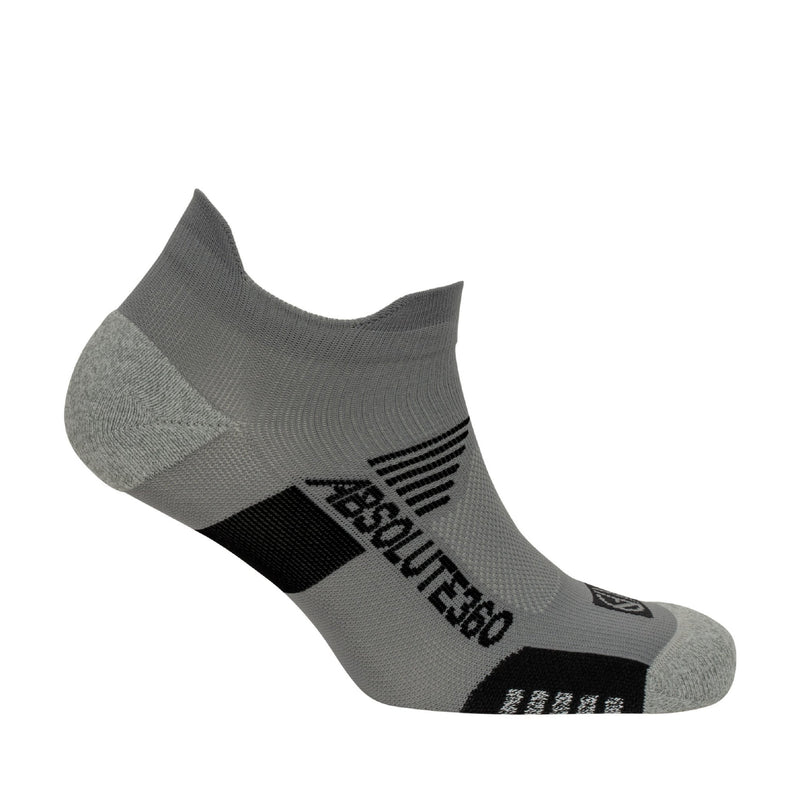 ABSOLUTE360 grey low-cut running sock, side view, product image on white background