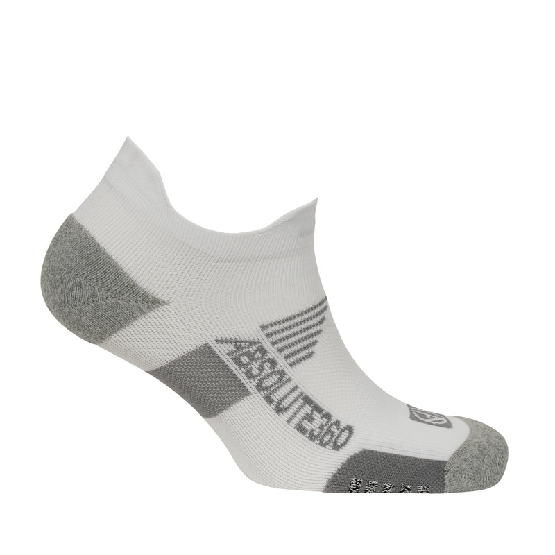 ABSOLUTE360 white low-cut running sock, side view, product image on white background