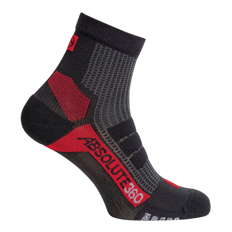 ABSOLUTE360 black and red quarter running sock, side view, product image on white background