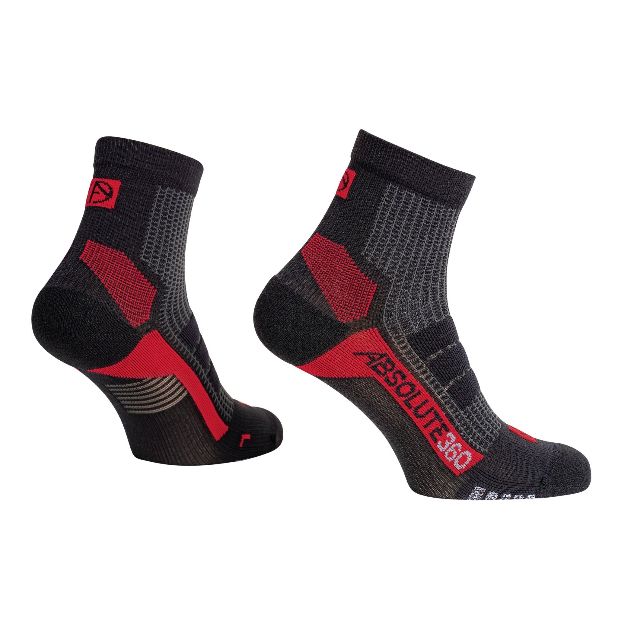 ABSOLUTE360 black and red quarter running socks, product image on white background