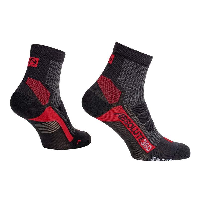 ABSOLUTE360 black and red quarter running socks, product image on white background