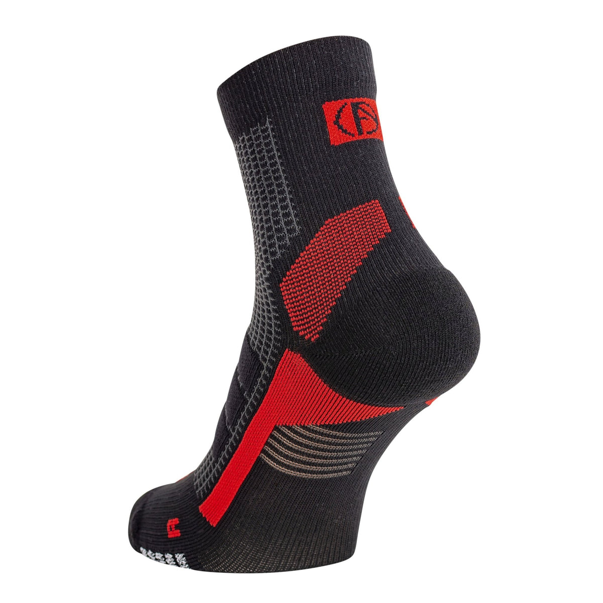 ABSOLUTE360 black and red quarter running sock, featuring breathable mesh panels, product image on white background