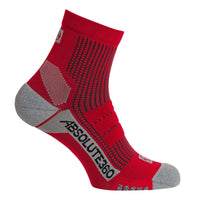 ABSOLUTE360 red and grey quarter running sock, side view, product image on white background
