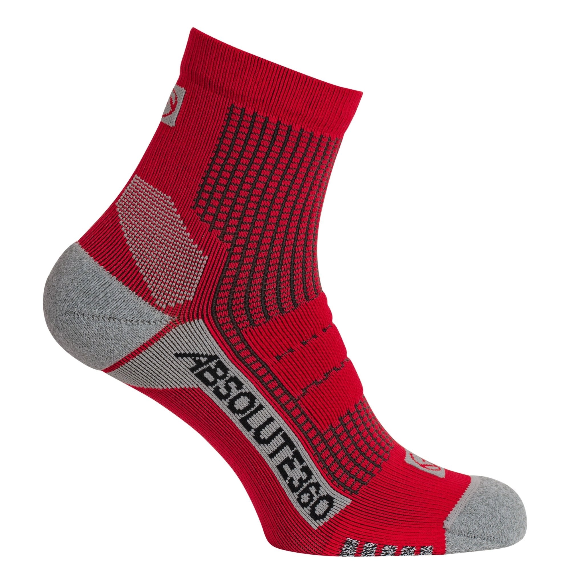 ABSOLUTE360 red and grey quarter running sock, side view, product image on white background