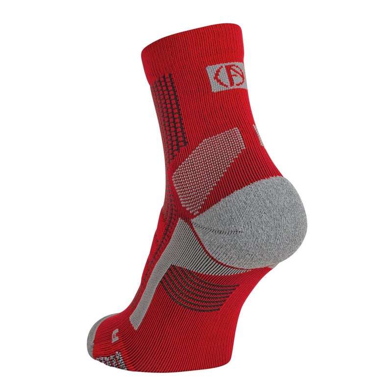 ABSOLUTE360 red and grey quarter running sock, featuring breathable mesh panels, product image on white background