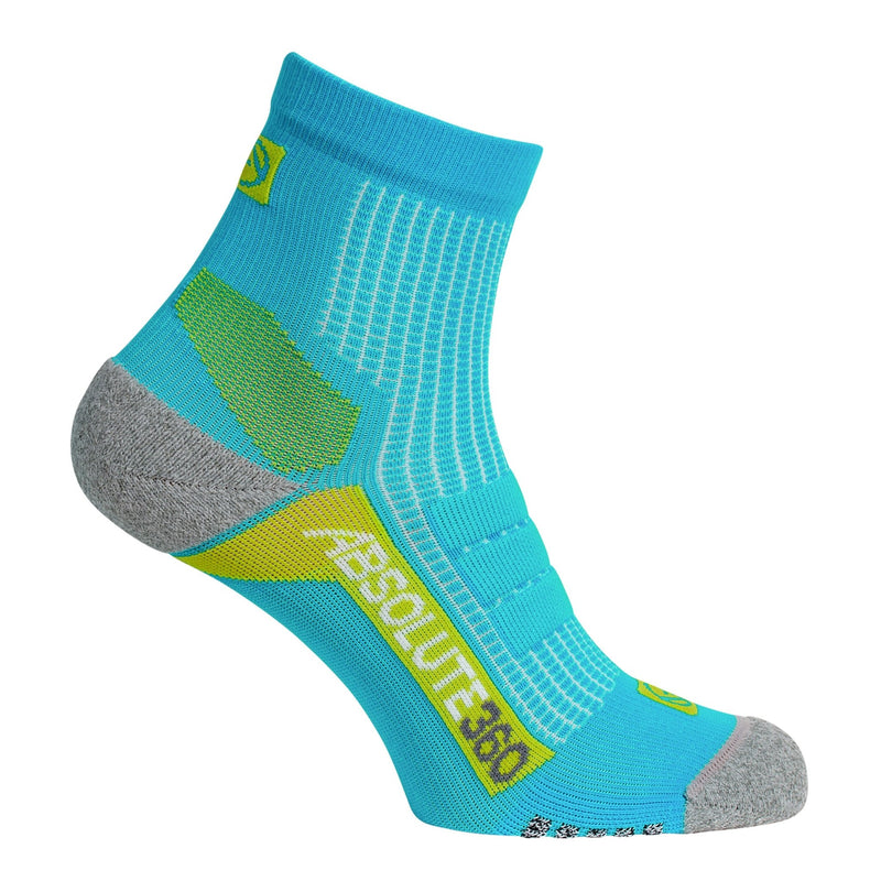 ABSOLUTE360 turquoise and lime quarter running sock, side view, product image on white background
