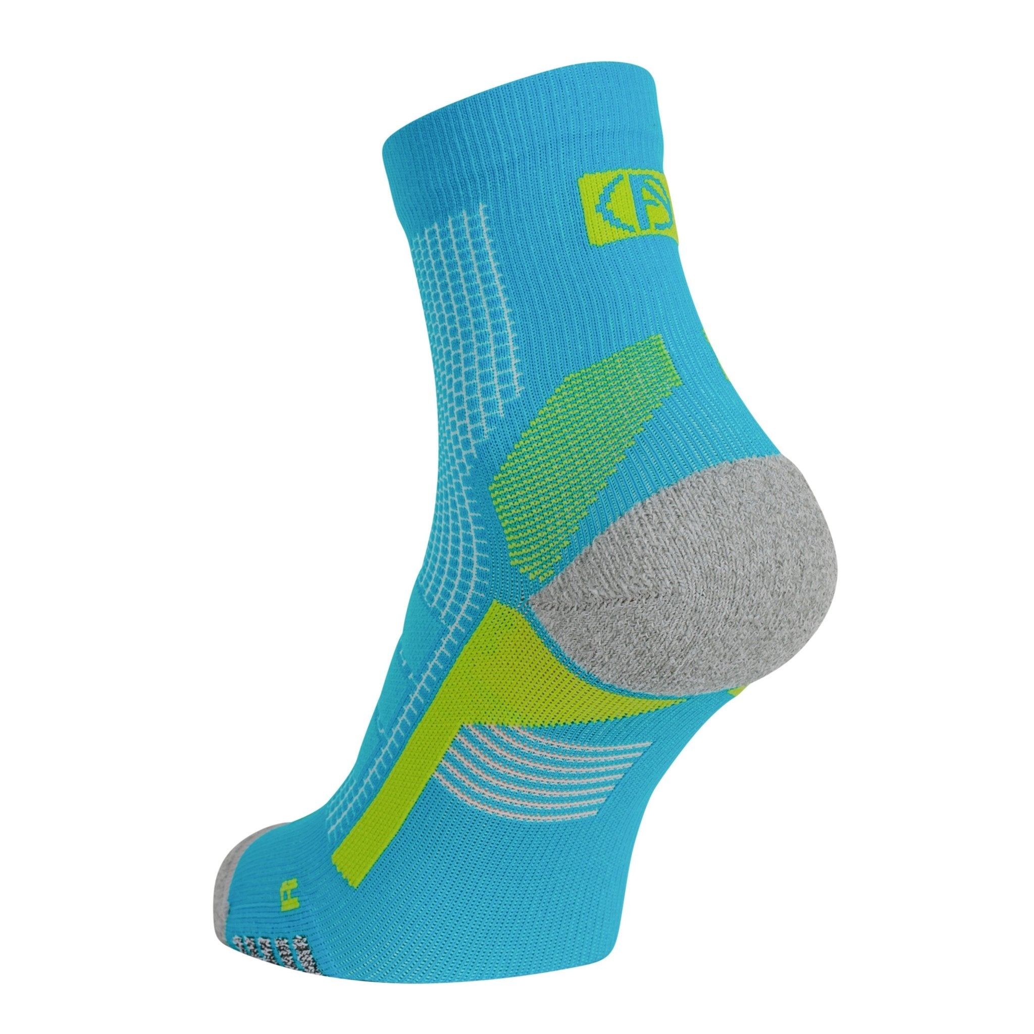 ABSOLUTE360 turquoise and lime quarter running sock, featuring breathable mesh panels, product image on white background