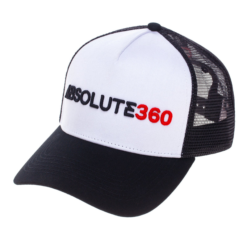 ABSOLUTE360 Signature Trucker Hat in white with black mesh, front view on white background