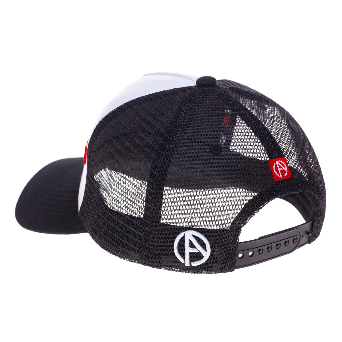 ABSOLUTE360 Signature Trucker Hat in white with black mesh, back view on white background