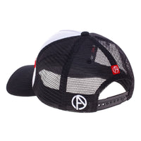 ABSOLUTE360 Signature Trucker Hat in white with black mesh, back view on white background